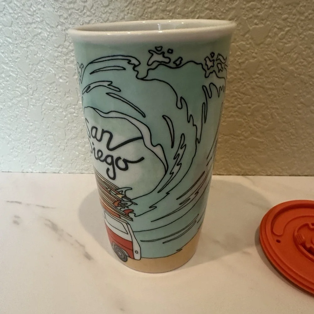 Starbucks San Diego CA Ceramic Travel Tumbler Surf VW Bus Beach Cup 2016 EUC